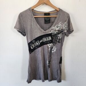 Y2K Womens Crash And Burn V Neck Embellished Shirt Small